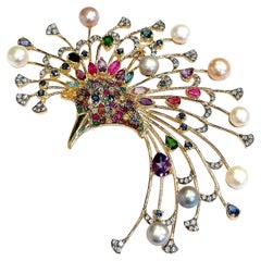 Broche Bochic "Orient" Multi Zafiro, Perla y Rubí Engastado en Oro de 18 quilates y Plata
