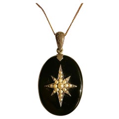 Victorian Star Locket Black Onyx Pearl Engraved Silver Pendant Necklace
