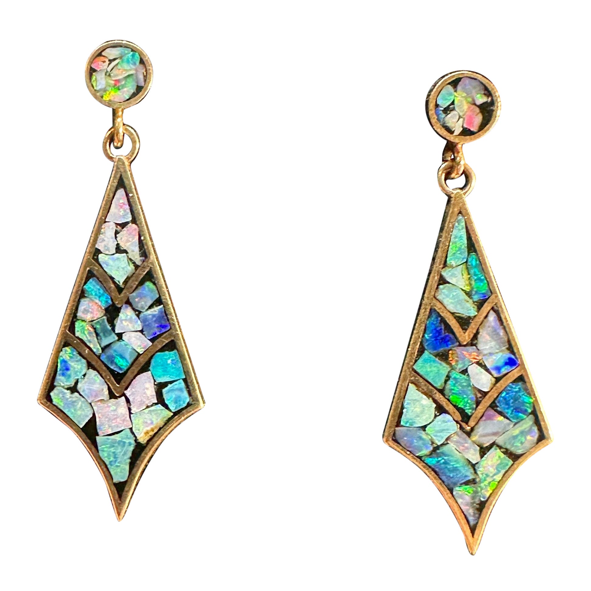 Boucles d'oreilles Eames Era Retro style mi-siècle moderne en or 14 carats et opale noire en vente