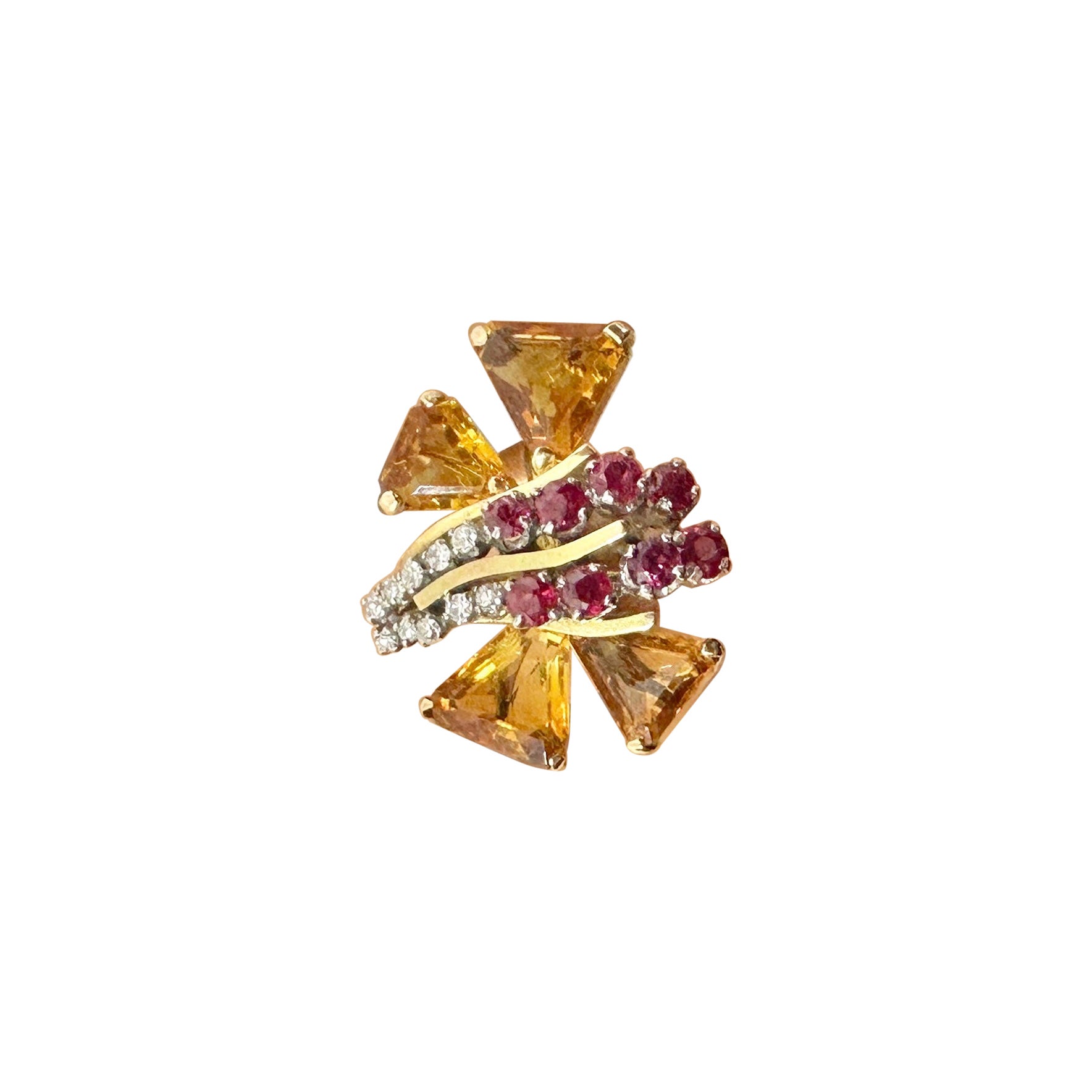 Retro Citrine 8 Ruby 10 Diamond Butterfly Ring 14 Karat Gold Art Deco Insect