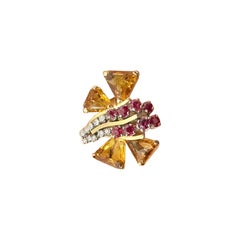 Vintage Citrine 8 Ruby 10 Diamond Butterfly Ring 14 Karat Gold Art Deco Insect