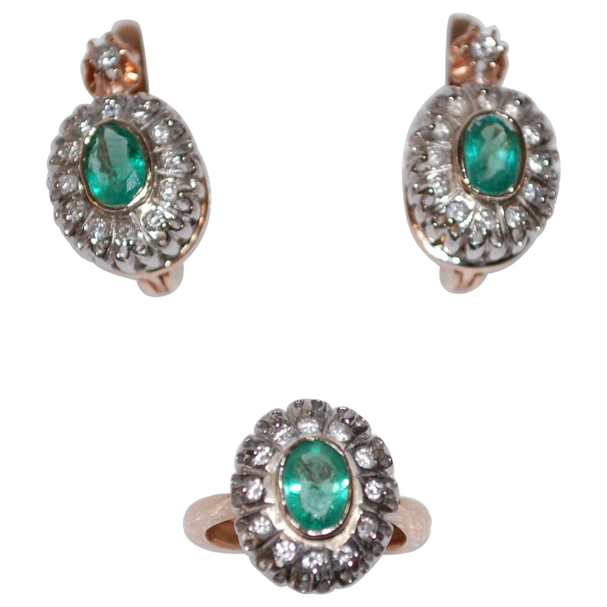Antique 14K Gold Emerald and Diamond Earrings Ring Set For Sale