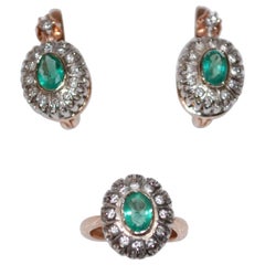 Antique 14K Gold Emerald and Diamond Earrings Ring Set