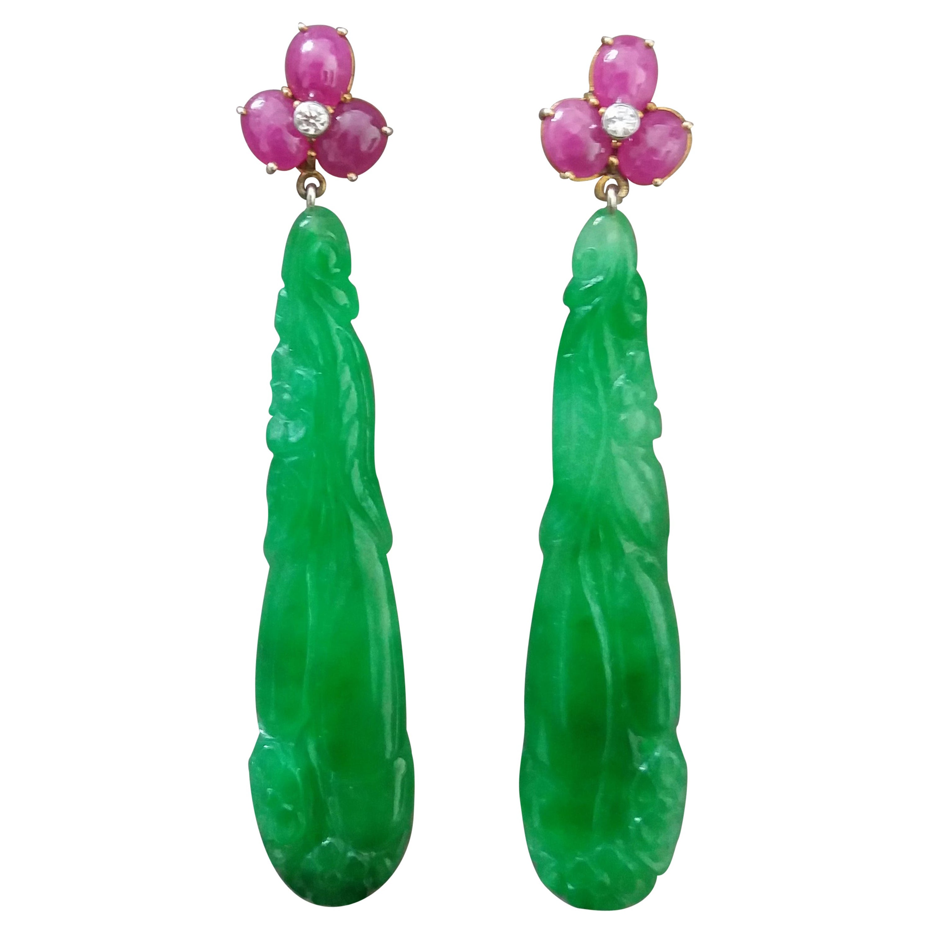 Art Deco Style Ruby Cabs 14K Yellow Gold Diamonds Carved Jades Dangle Earrings