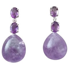 2 Oval Shape Faceted Amethyst Gold Diamonds 2 Plain Round Amethyst Drop Earrings