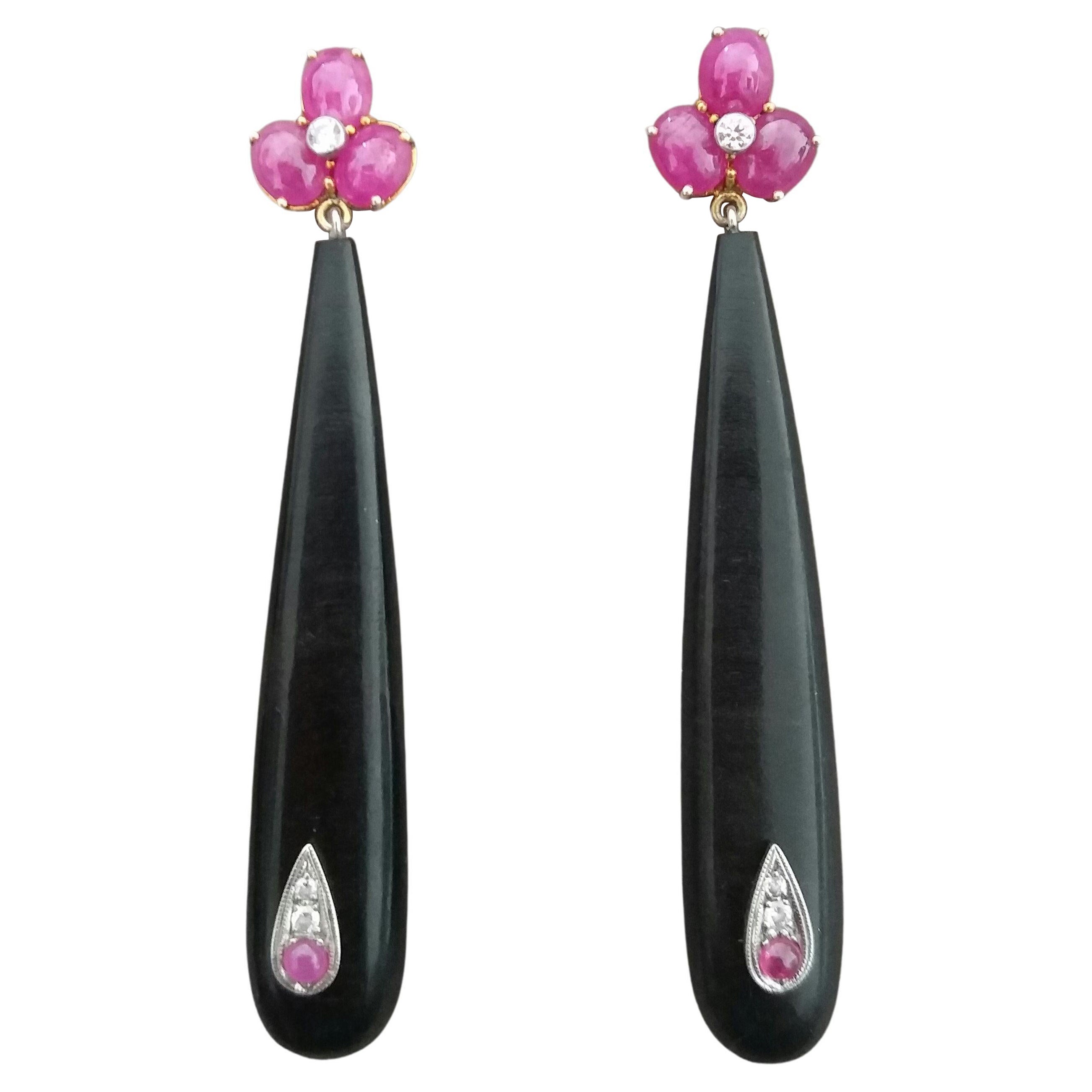 3 Ruby Oval Cabs Yellow Gold Diamonds Long Ebony Wood Round Drops Earrings For Sale