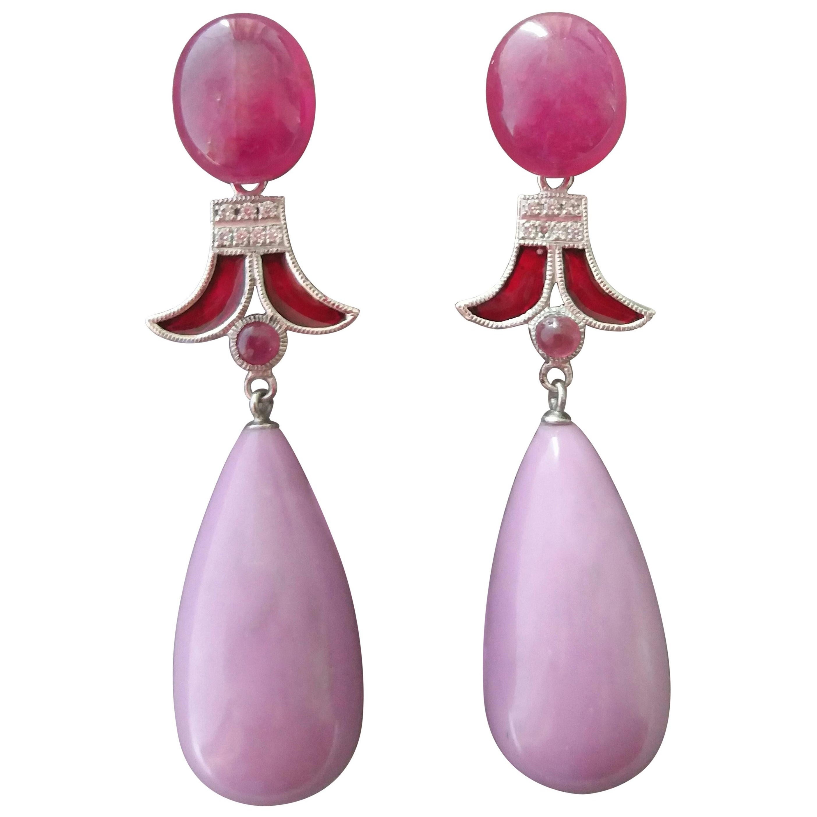 Art Deco Style Ruby Phosphosiderite 14K Gold Diamonds Red Enamel Dangle Earrings