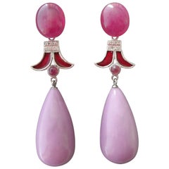 Art Deco Style Ruby Phosphosiderite 14K Gold Diamonds Red Enamel Dangle Earrings
