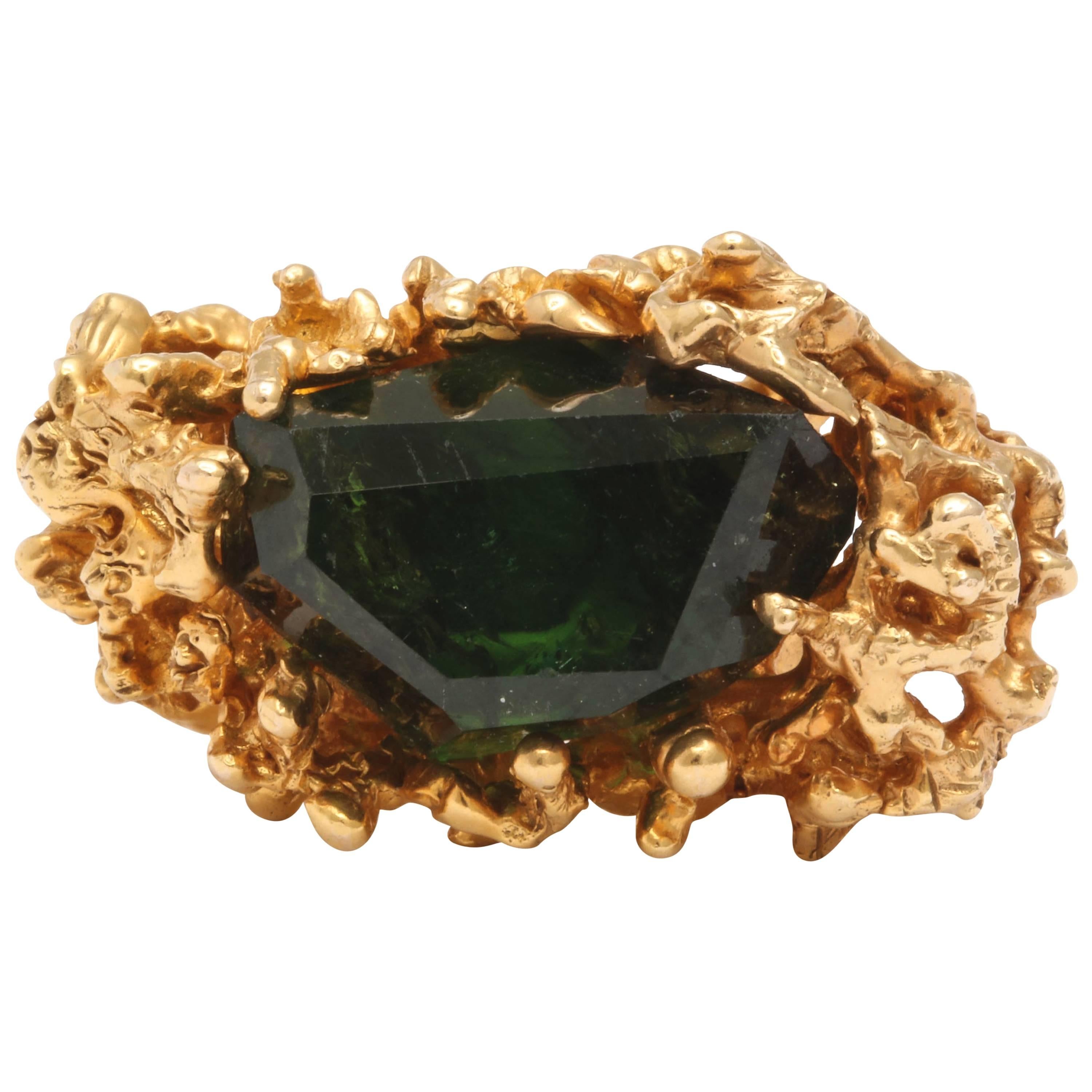 Faceted Watermelon Tourmaline and Yellow Gold Free-Form Ring For Sale