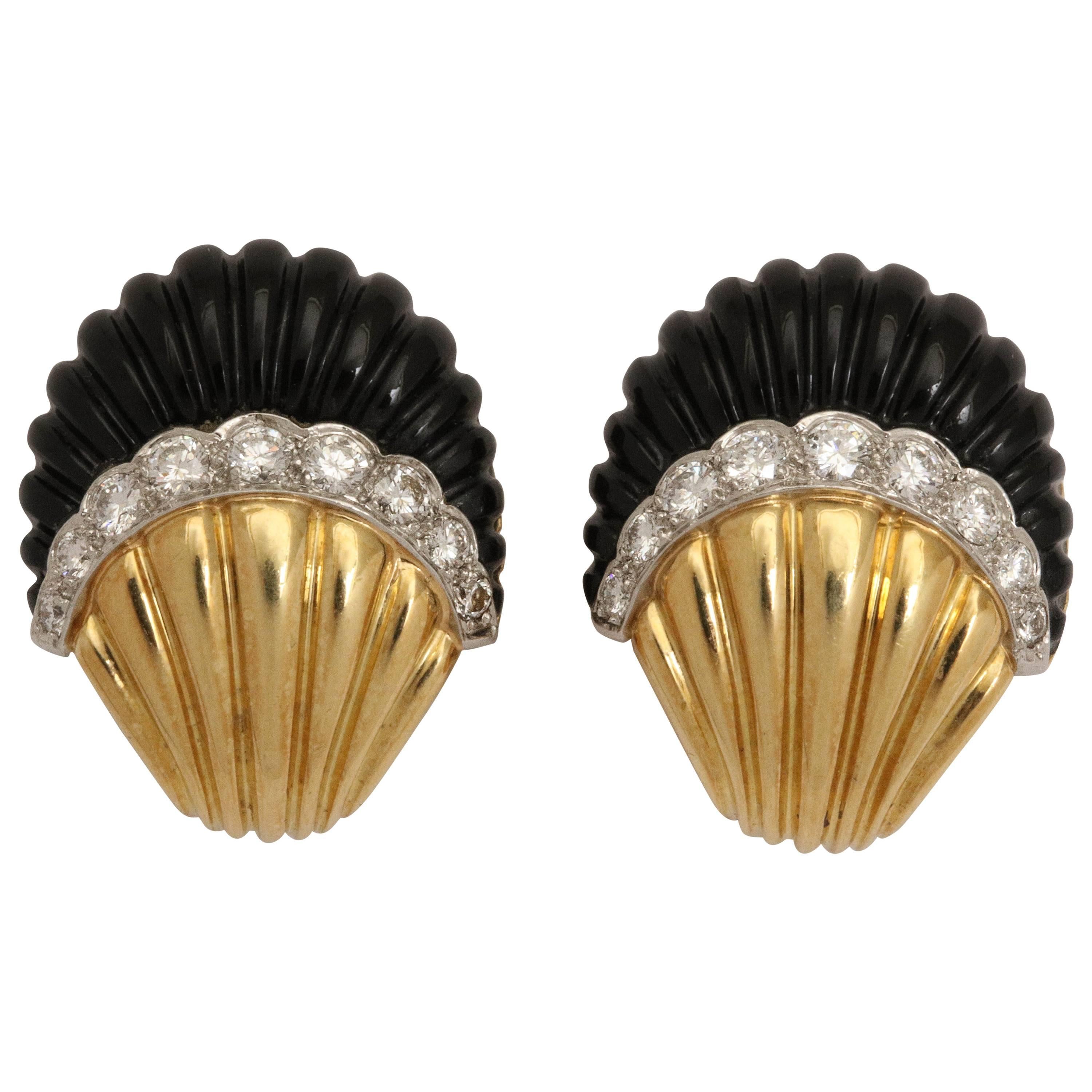 Triple Gold Diamond and Onyx Sea Shell Earrings