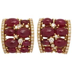Vintage Cabochon Burma Ruby and Diamond Clip-On Earrings