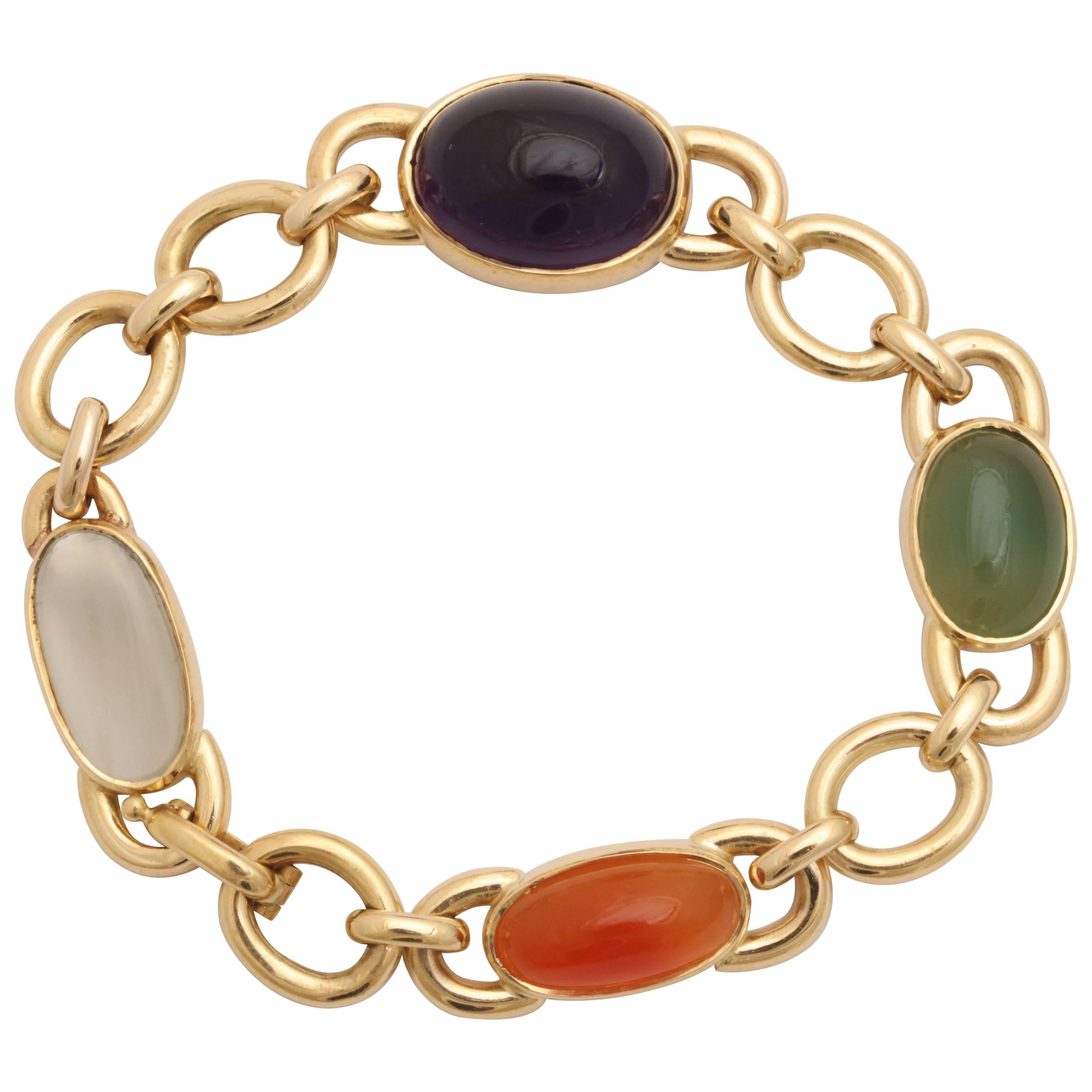 1960s Bezel Set Moonstone, Jade, Carnelian with Amethyst Gold Link Bracelet
