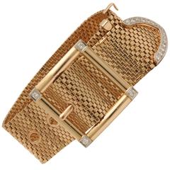 1940s Belt Buckle Design Brick Mesh, Diamond and Gold Flexible Bracelet