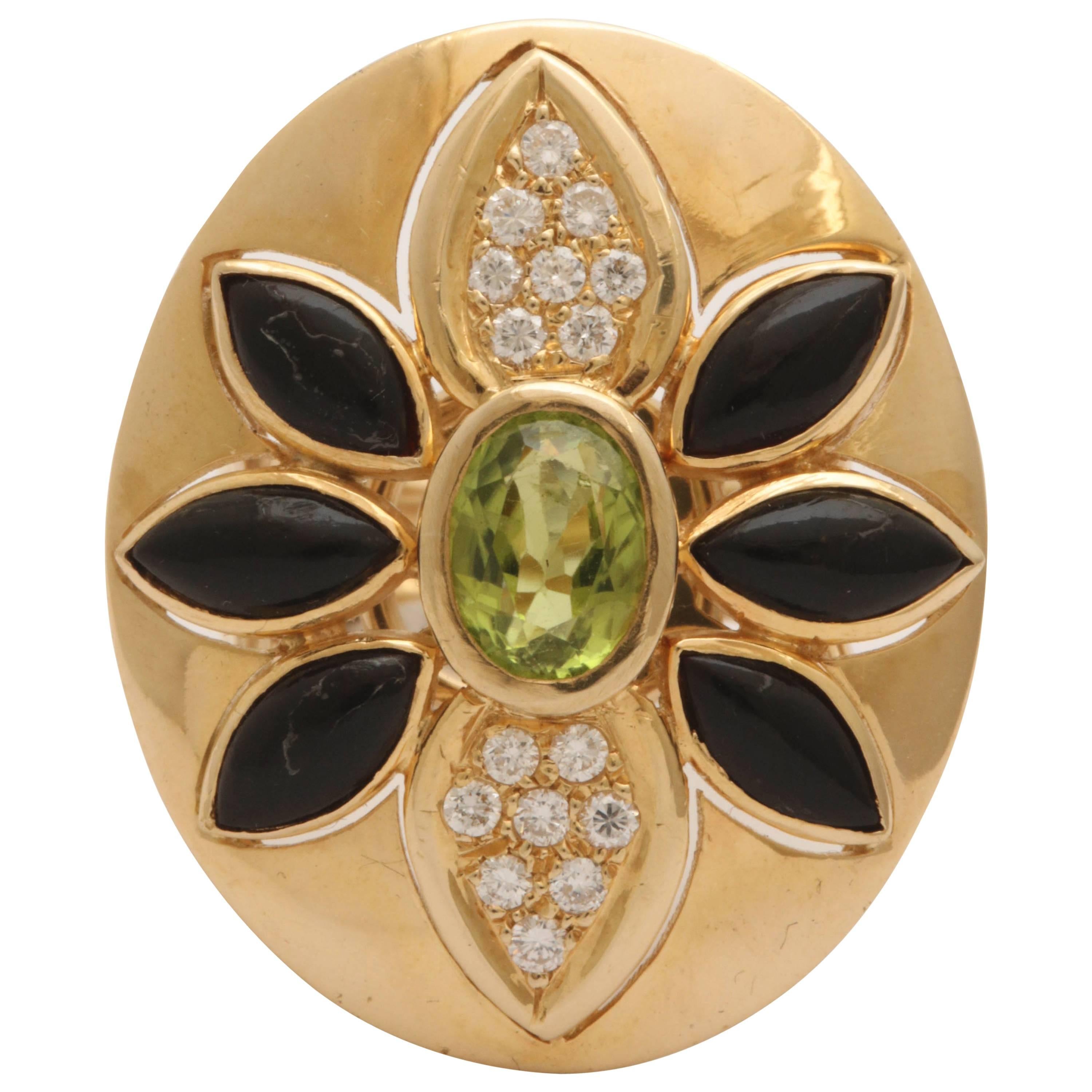 1960s Marquis Cut Onyx, Peridot with Diamonds Large Cocktail Gold Ring