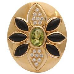 Retro 1960s Marquis Cut Onyx, Peridot with Diamonds Large Cocktail Gold Ring