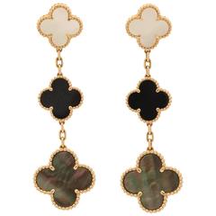 1990s Van Cleef & Arpels Onyx, Mother-of-Pearl Alhambra Gold Earrings