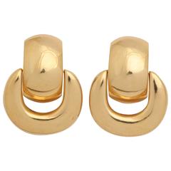 1960s Large Moveable, Hanging Doorknocker Style, High Polish Gold Earclips