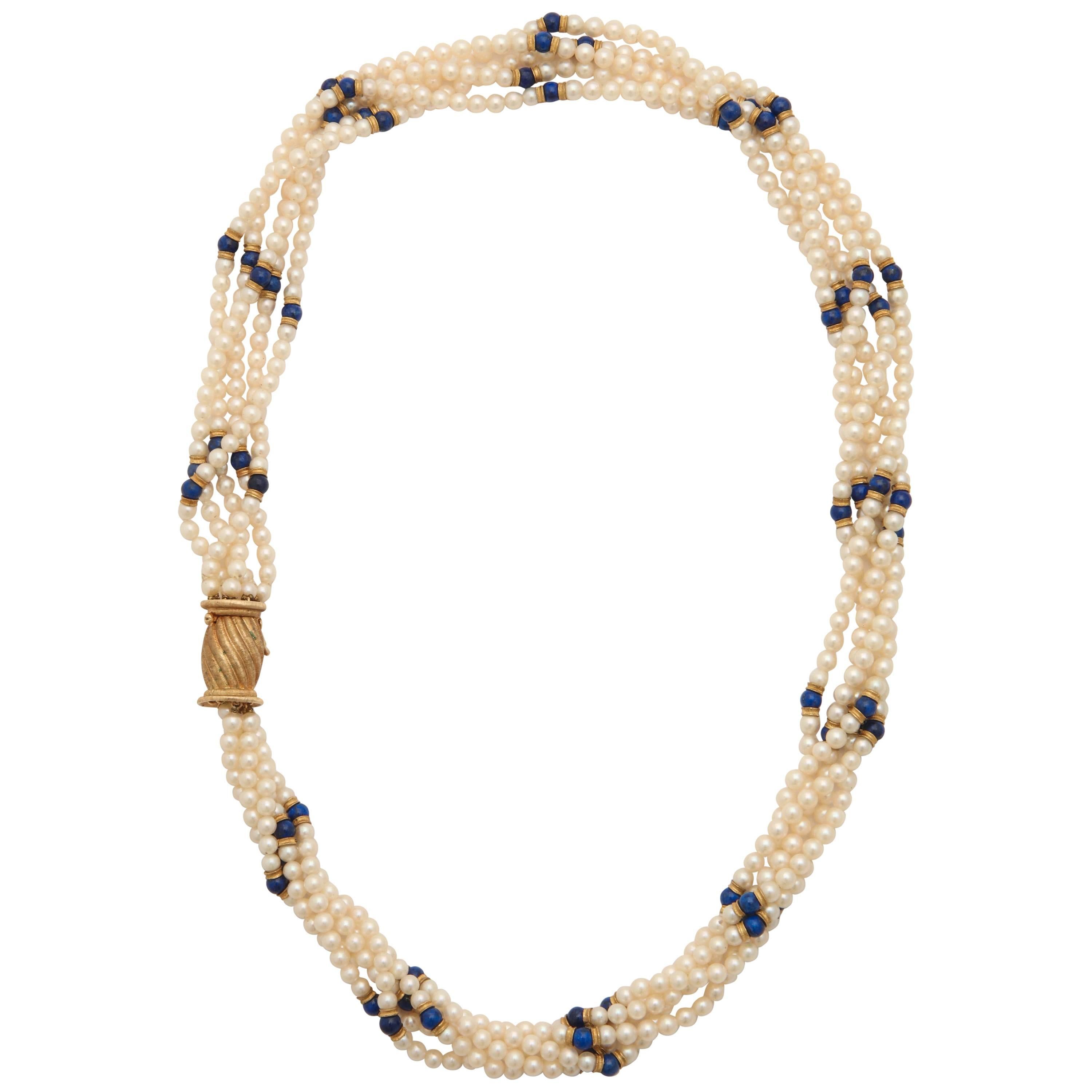1950s Buccellati Five Strand Pearl and Lapis Lazuli Gold Barrel Clasp Necklace