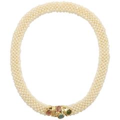 1980s Pearl Collar with Multicolored Semi Precious Gem Stones Gold Necklace