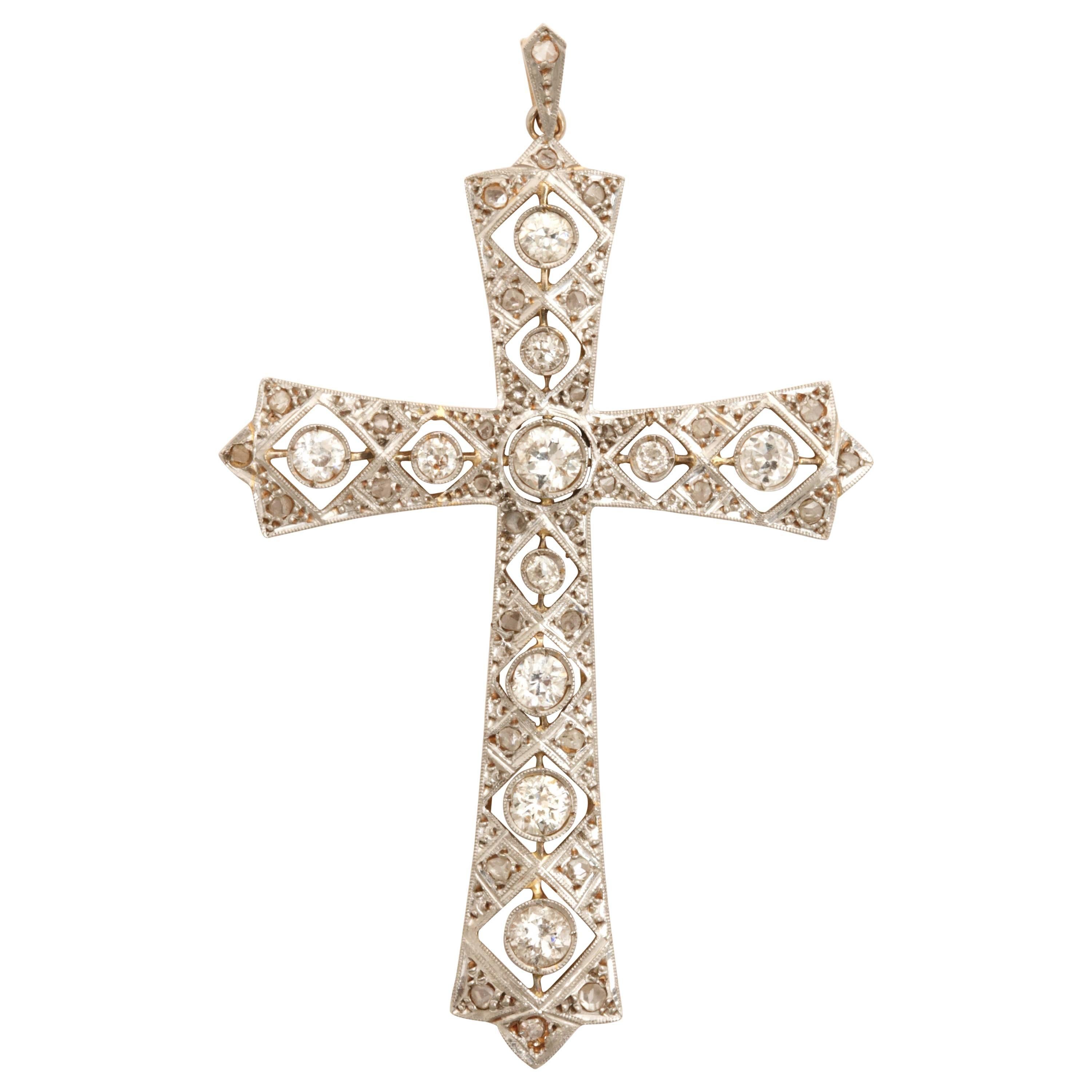 Edwardian Antique Cut Diamond Cross Platinum Pendant with Diamond Bail