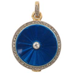 Edwardian Guilloche Blue Enamel with Rose Diamonds Chic Gold Slide Locket