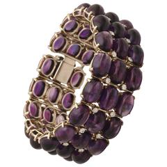 1960s Three-Row Cabochon Amethyst with Diamonds Flexible Gold Bracelet