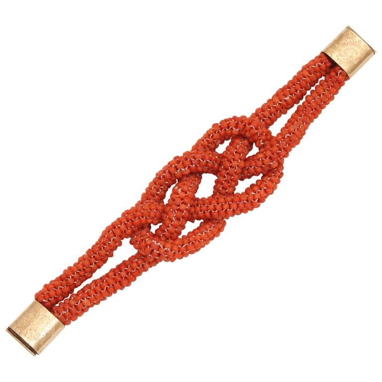 1880s Handmade Lovers Knot Coral Bead and Engraved Gold Clasp Bracelet