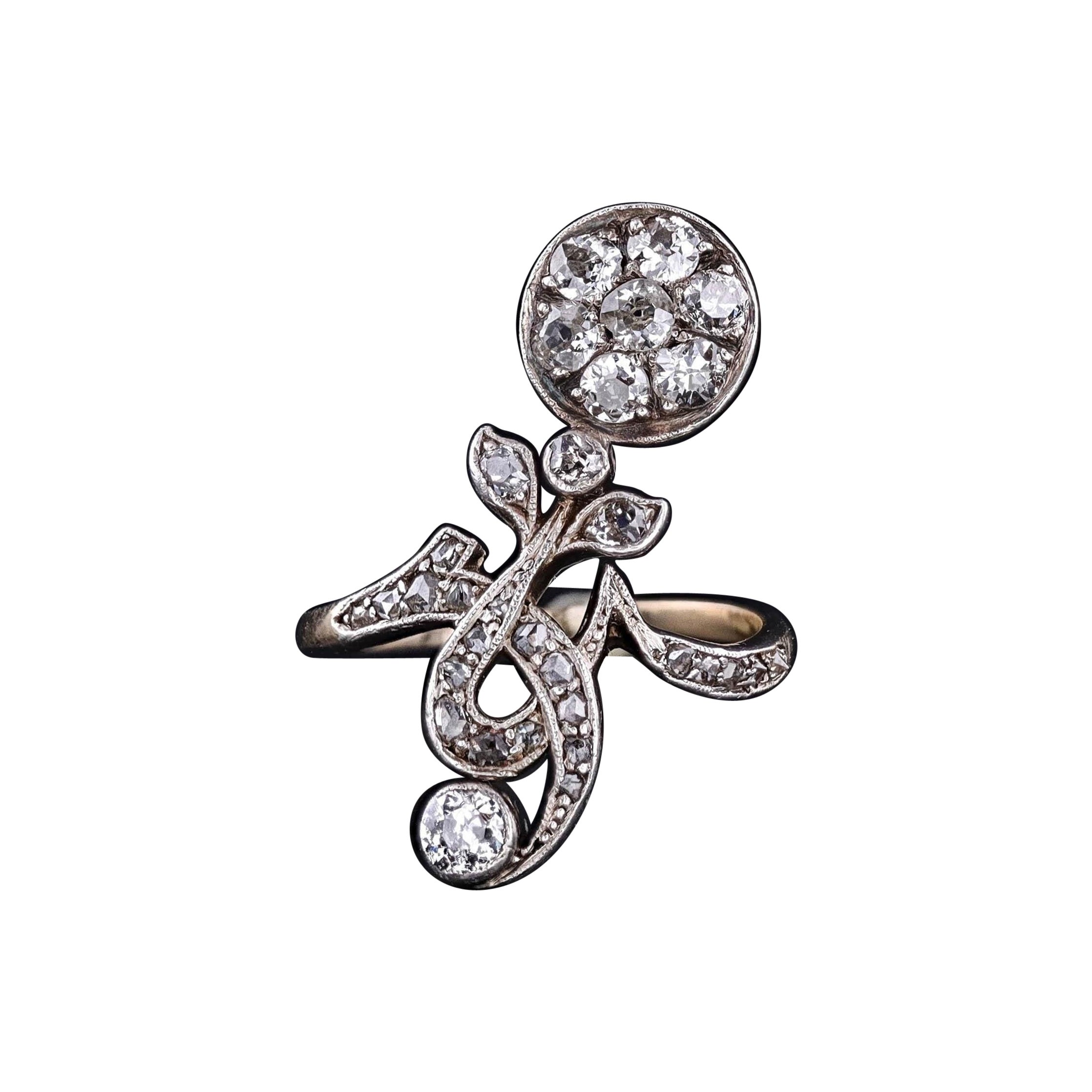 Anillo Antiguo de Diamantes de Plata Cubierto de Oro de 14k