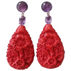 Pendientes colgantes de amatista china lacada en rojo Oro blanco Diamantes