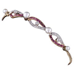 Antique Ruby Diamond and Pearl Bracelet of 14k Gold