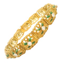 Vintage 18k Yellow Gold Green Enamel 0.78ctw Diamond Floral Open Work Bracelet