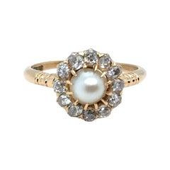 Victorian Natural Pearl and Old Cut Diamond Cluster Ring 18k Yellow Gold