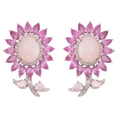 Set in 18K Gold, Ethiopian Opal, Pink Sapphires & Rose Cut Diamonds Stud Earring