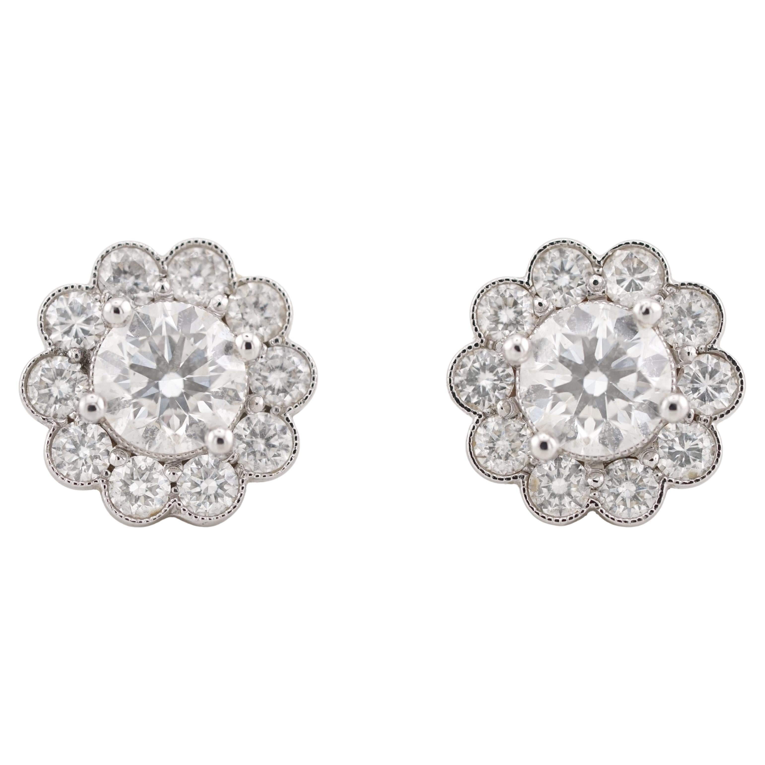 GIA Certified 2 Carat Scalloped Halo 18K White Gold Earrings Studs