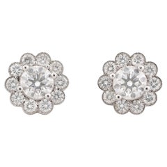 GIA Certified 2 Carat Scalloped Halo 18K White Gold Earrings Studs