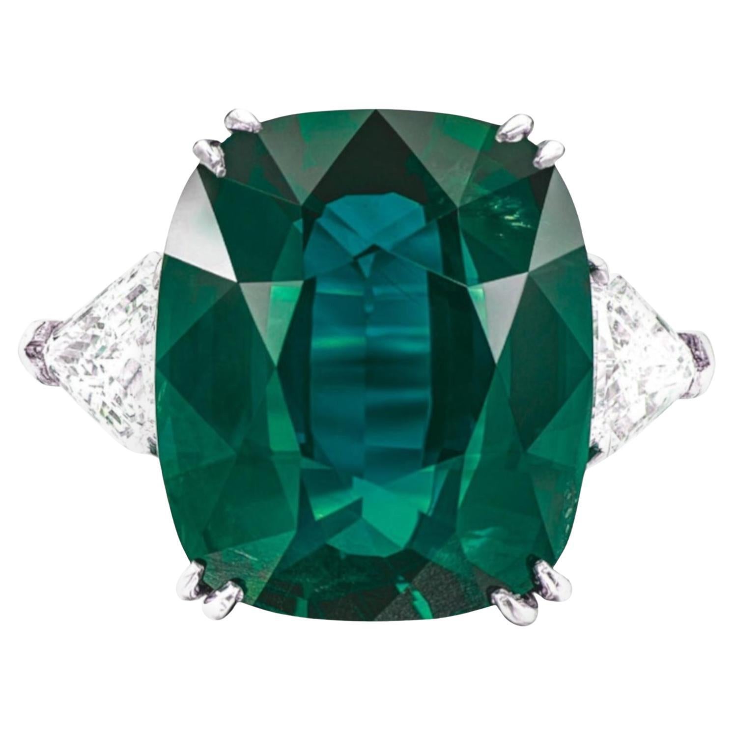 GRS Certified 8.23 Carat Minor Oil Cushion Green Emerald  Ring