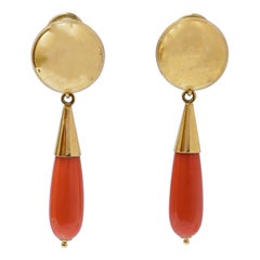 Coral, 18 Karat Yellow Gold Dangle Earrings.