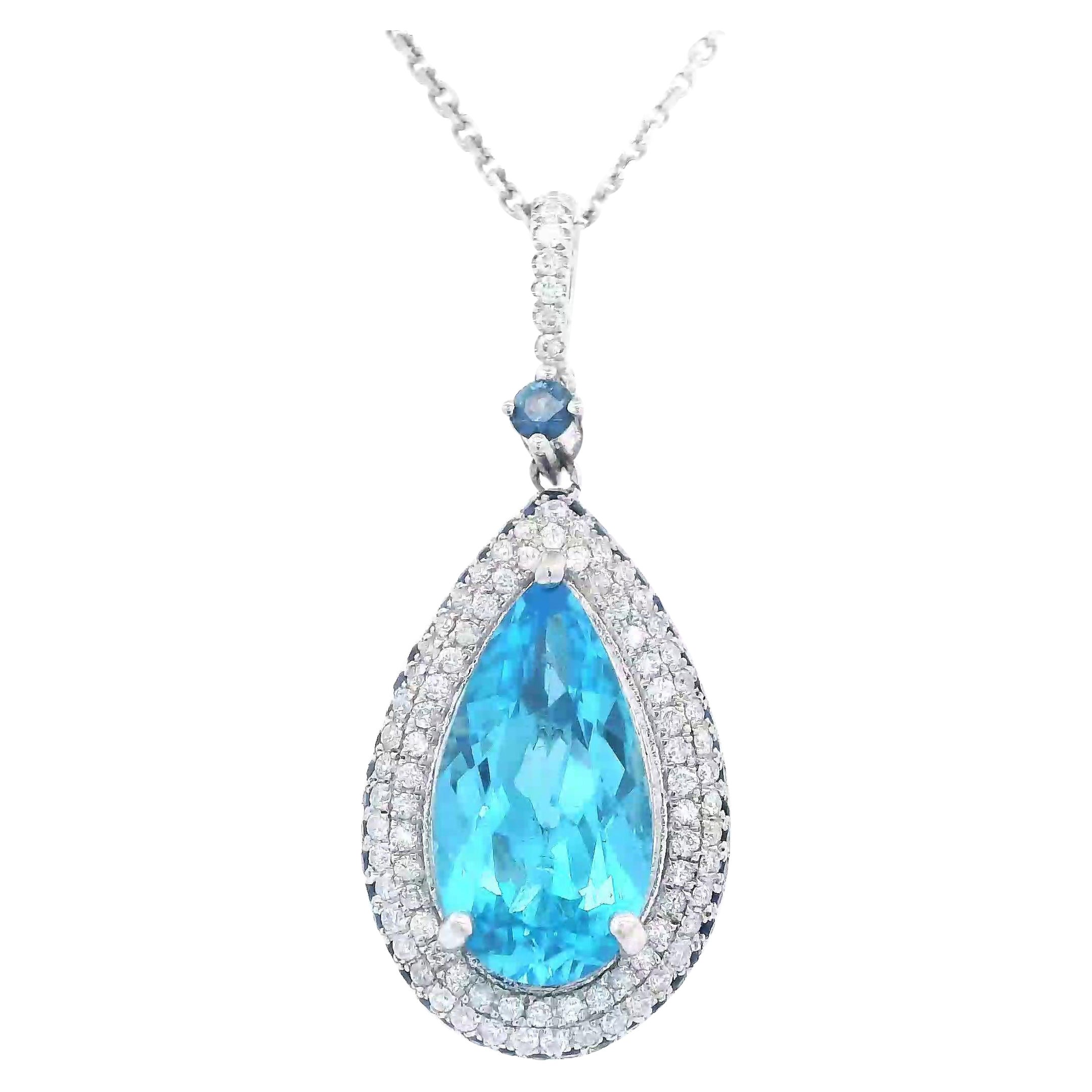 4.60ct Pear Electric Blue Topaz & Diamond Pendant Necklace White Gold