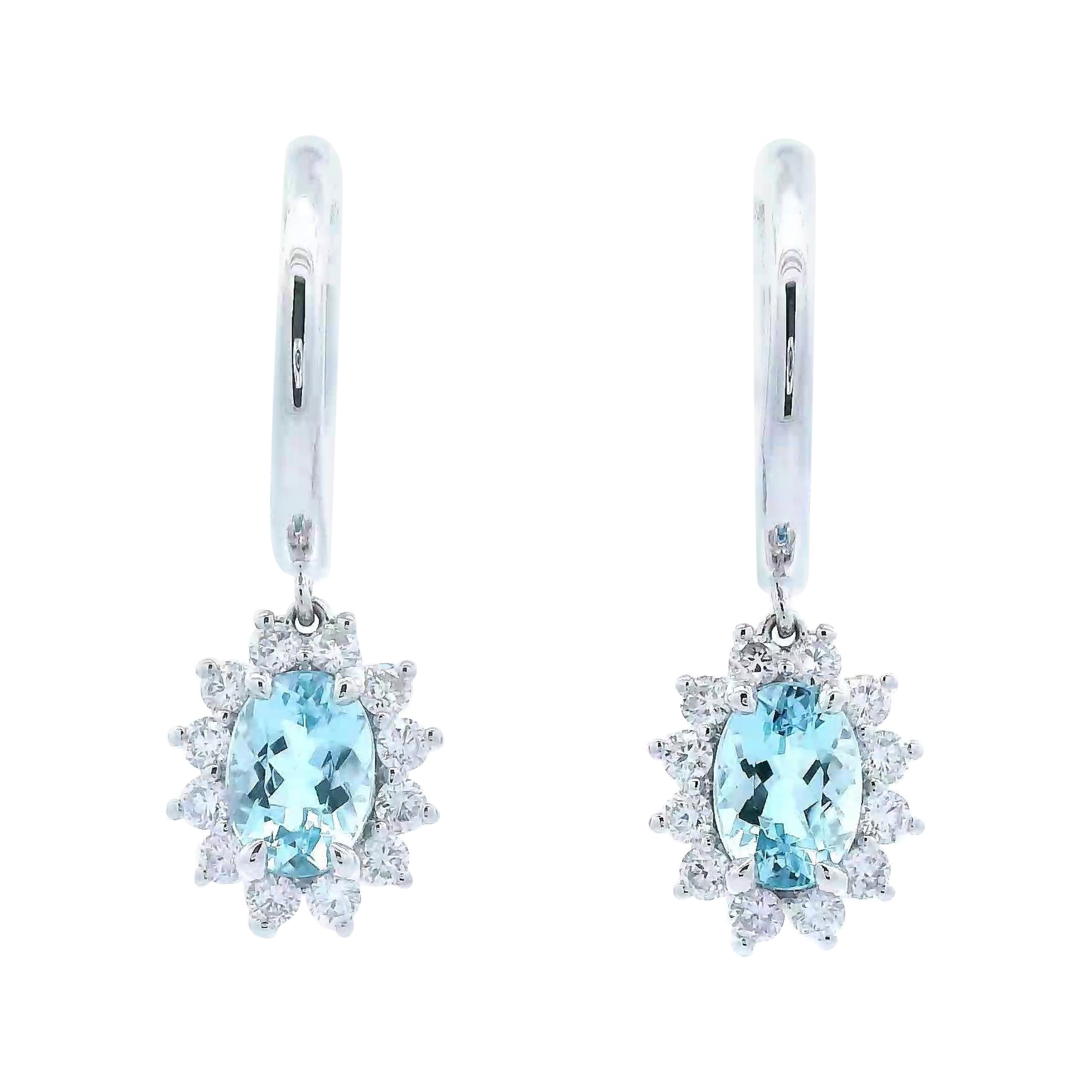 2.23ctt Oval Aquamarine & Diamond Earrings White Gold For Sale