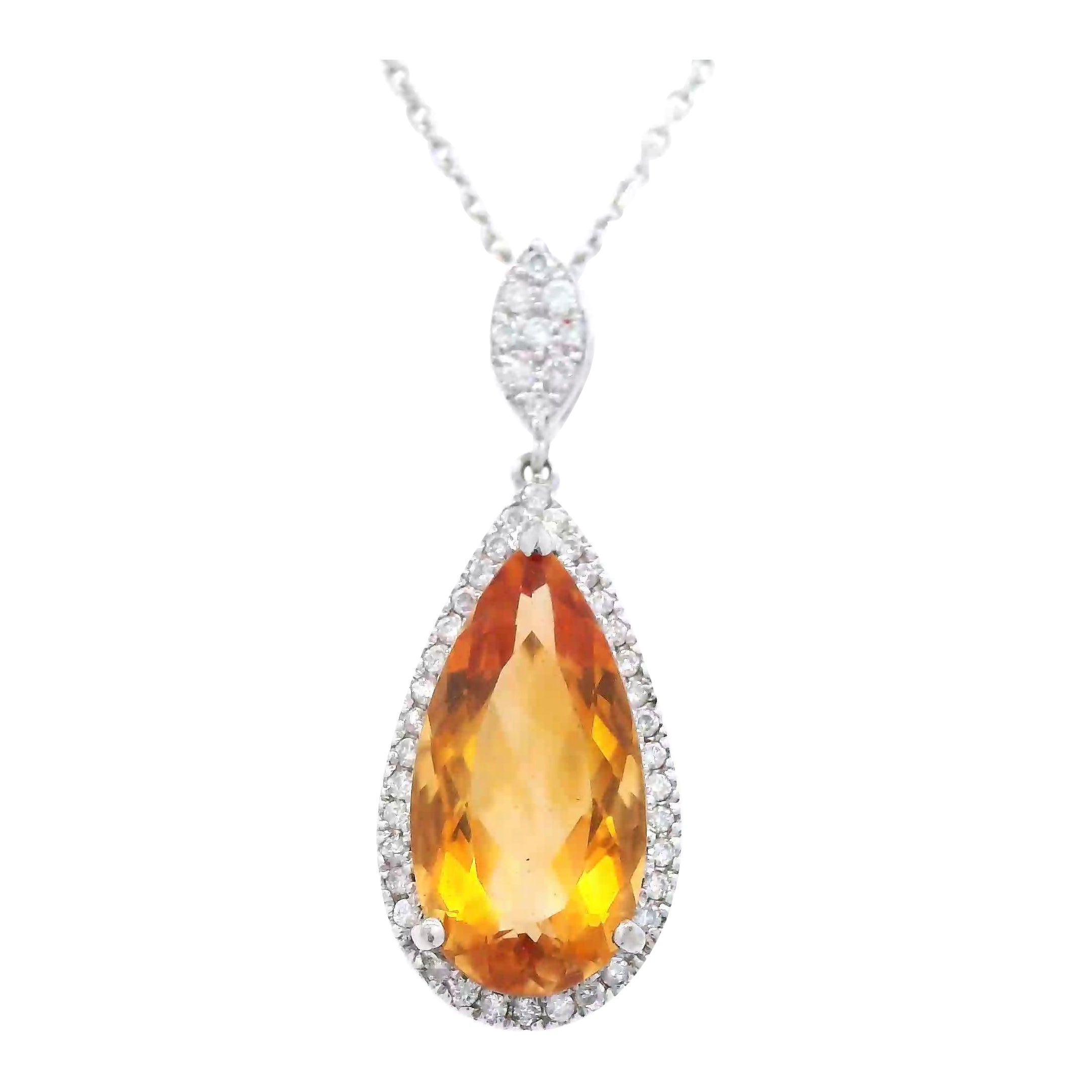 3.97ct Pear Citrine & Diamond Pendant Necklace White Gold For Sale