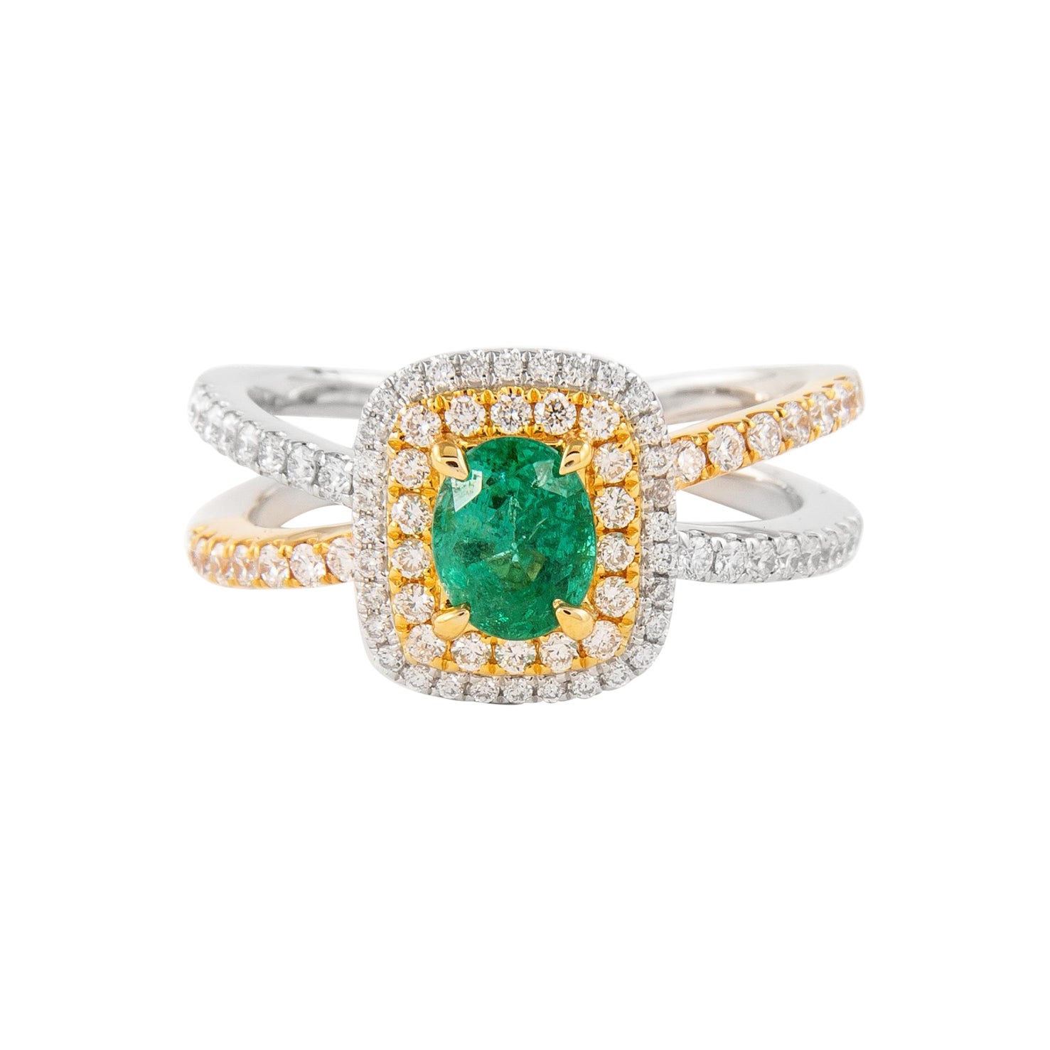 1.17ctt Emerald and Diamond Ring with Halo White & Yellow Gold