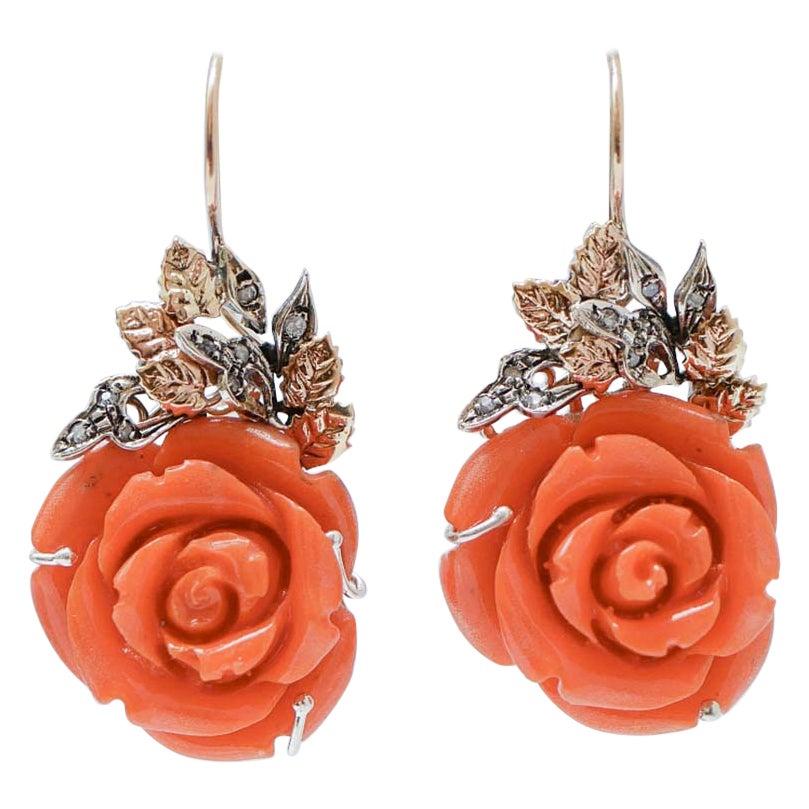 Pendientes de Coral, Diamantes, Oro Rosa y Plata.