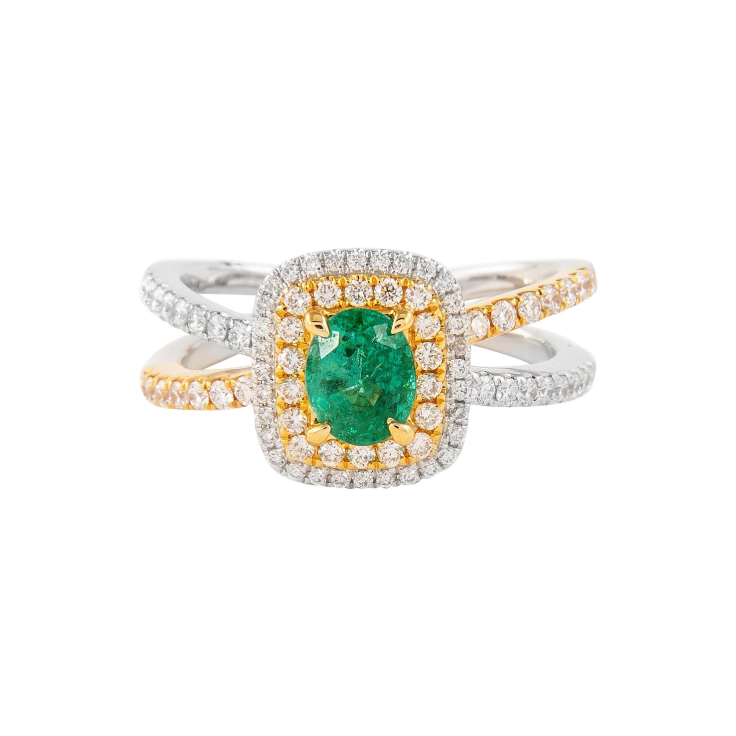 1.18ctt Emerald and Diamond Ring with Halo White & Yellow Gold