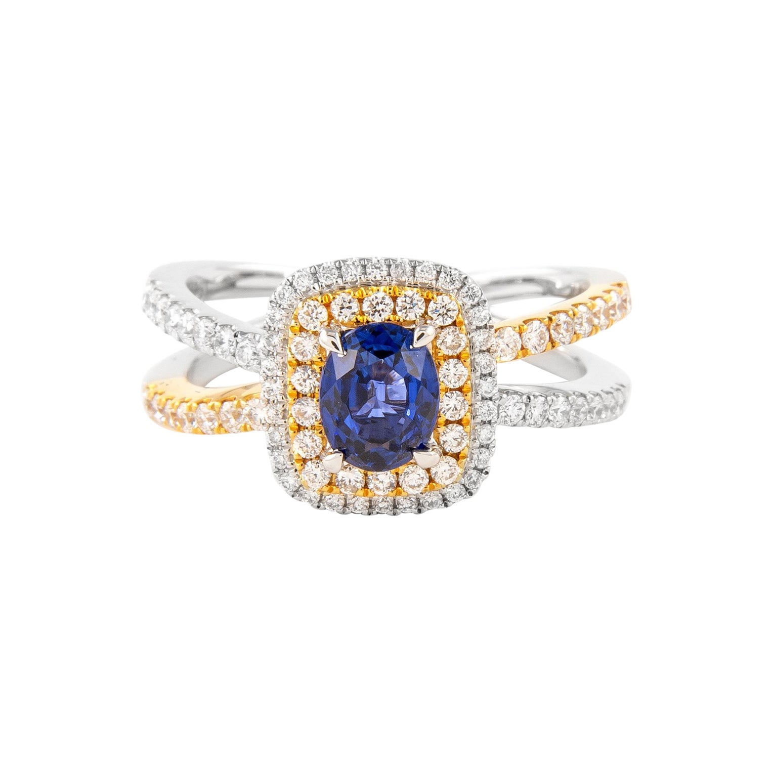1.43ctt Sapphire and Diamond Ring with Halo White & Yellow Gold