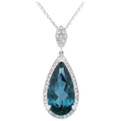 5.27ct Pear London Blue Topaz & Diamond Pendant Necklace White Gold