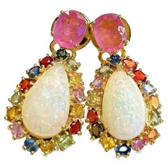 Pendientes Bochic "Orient" Retro de ópalo, rubí y zafiro engastados en oro de 18 quilates y plata