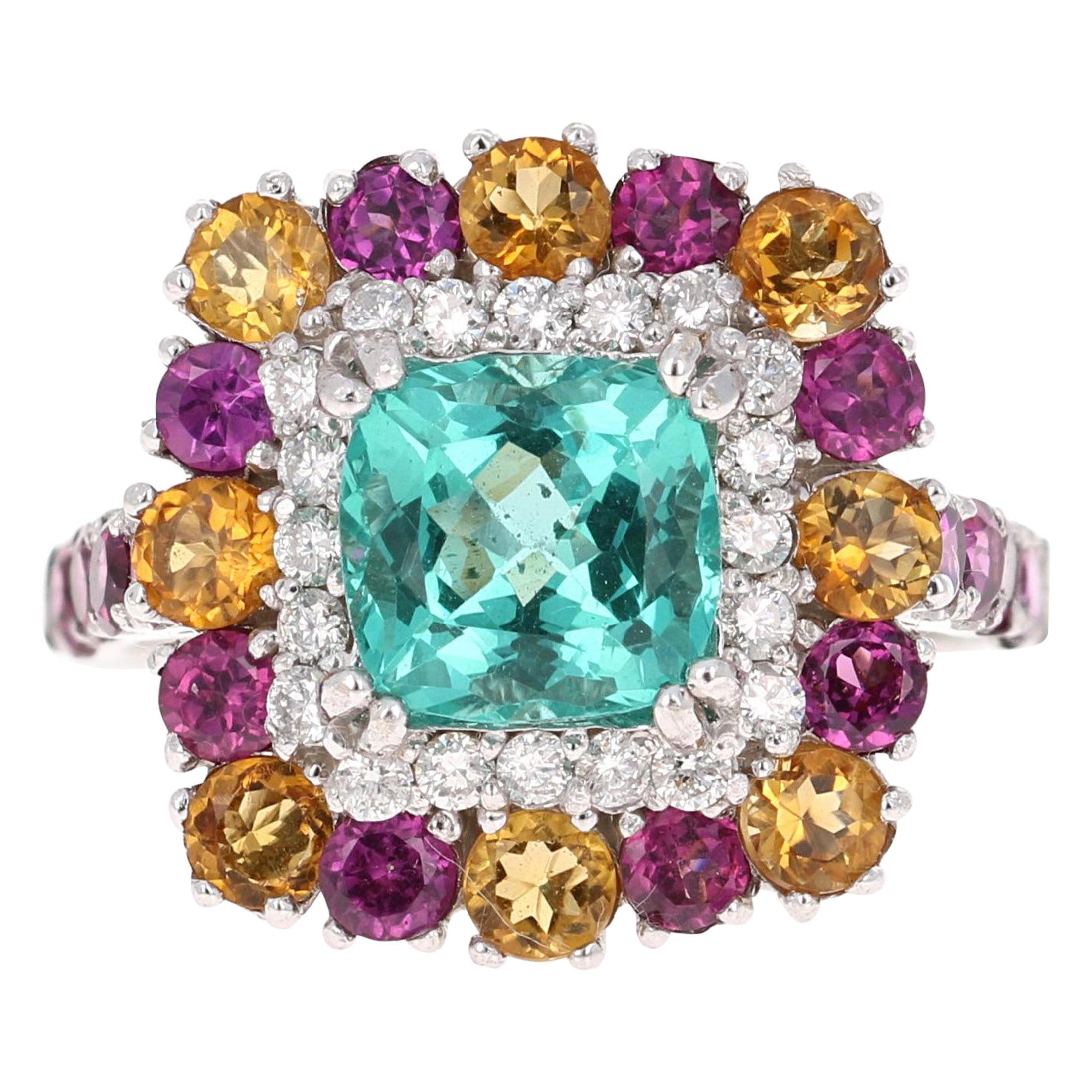 Anello da cocktail in oro bianco 14 carati con granato apatite e diamante citrino da 4,92 carati in vendita