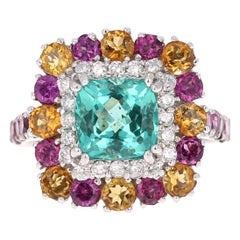Bague cocktail en or blanc 14 carats avec grenat, apatite, citrine et diamant de 4,92 carats