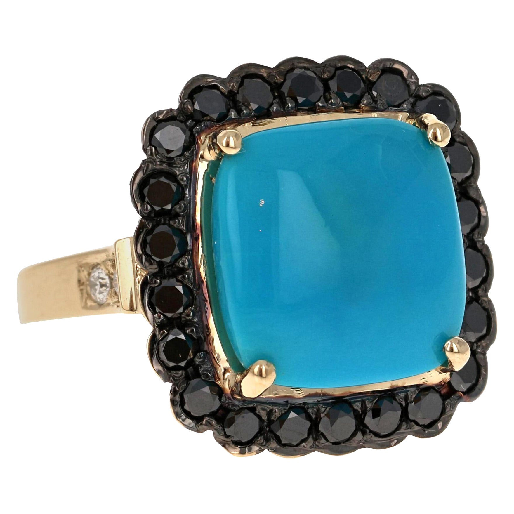 10.94 Carat Turquoise Black Diamond 14 Karat Yellow Gold Cocktail Ring