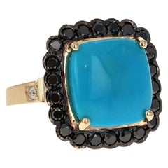 10,94 Karat Türkis Schwarzer Diamant 14 Karat Gelbgold Cocktail Ring